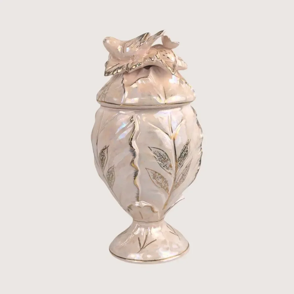 1970s Iridescent Pink Lidded Hollywood Regency Ceramic Compote